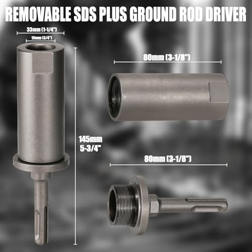 SDS Plus Ground Rod Driver for Grounding Rod, 40CrMo Steel Adapter Bits for All SDS-Plus Rotary Hammer Drill, Removable Tool for Fence Installation Rebar Piling - ODØ19mm X 145mm Length 3/4"(19mm)