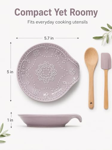 Lavender Purple Ceramic Spoon Rest for Kitchen Counter, 5.7" Floral Butterfly Embossed Spoon Holder for Stovetop, Dishwasher Safe Heat Resistant Utensil Rest, Farmhouse Kitchen Decor Gift, 2 Pcs