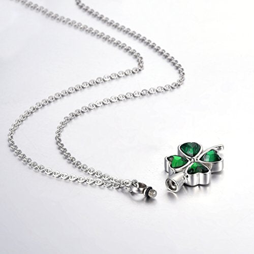 COCO Park Lucky Four Leaf Clover Cremation Jewelry - Green Diamond Stainless Steel Urn Necklaces for Ashes