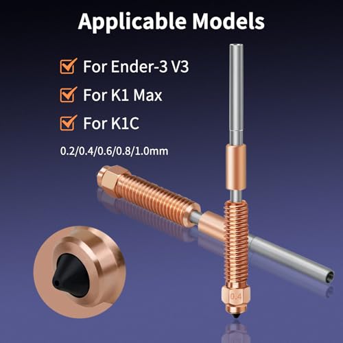 K1C Nozzles,Unicorn Quick-Swap Nozzle 0.2/0.4/0.6/0.8/1.0mm Copper Alloy and Hardened Steel Nozzle High temperature resistant Nozzles For Ender-3 V3 K1C K1 Max 3D Printer (0.2mm) 0.2mm