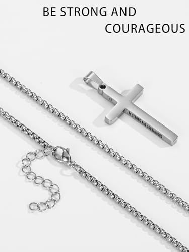 Cross Necklace for Men Boys Bible Verse Stainless Steel Silver/Gold/Black Mens Cross Pendant Chain with 20+2 Inches Men's Jewelry Gifts Silver-28:20