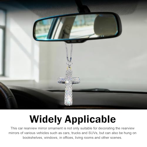 Bling Cross Car Mirror Hanging Accessories, Crystal Rhinestone Car Rearview Mirror Pendant, Double-Sided Diamond Rear View Mirrors Charms, Universal Lucky Interior Ornament Pendant (Silver) 1 PC Silver