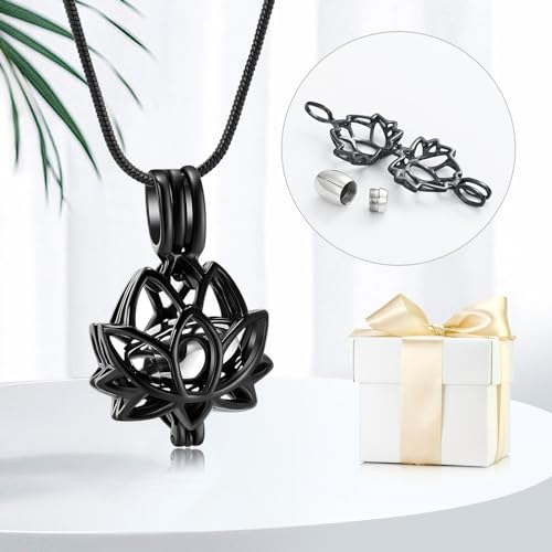 Cremation Jewelry for Ashes Pendant - Lotus Urn Necklace with Mini Keepsake Urn Memorial Ash Jewelry For Women Men Black-Silver