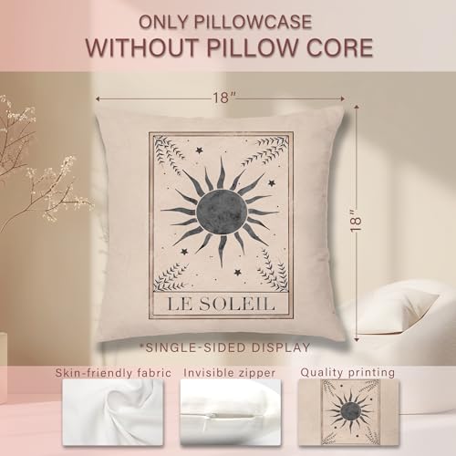 Boho Sun Tarot Pillow Covers 18x18, Witchy Room Decor, Le Soleil Mystical Botanical Sun Celestial Spiritual Decorative Throw Pillow Covers Pillowcases Sun 01