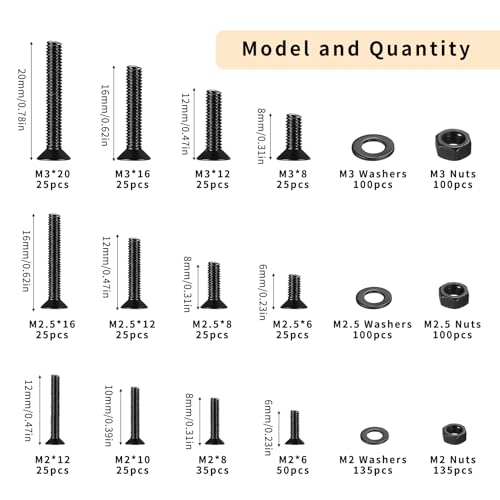 Bnnrjia 1005-piece M2 M2.5 M3 metric screw and bolt assortment with black hex socket screws, nuts, and washers