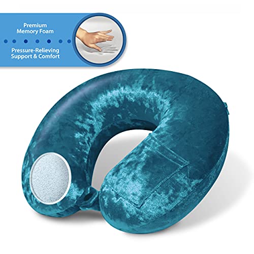 Cloudz Luxe Crushed Velvet Ultra Premium Comforlite Memory Foam Airplane Travel Neck Pillow with Matching Luxuriously Soft Black Out Sleep Mask - Teal