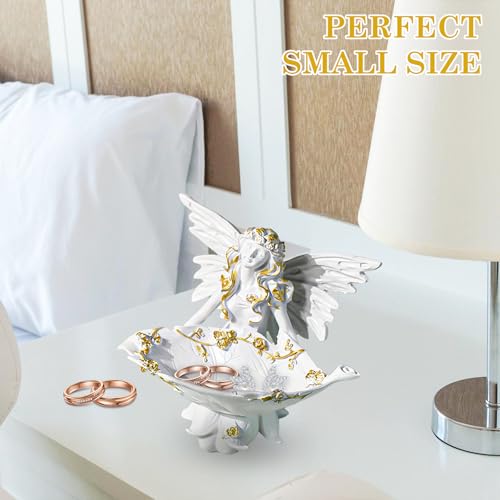 6 Inch Elegant Angel Jewelry Tray, Exquisite Resin Angel Statue Decorative Dish, Unique Jewelry Holder for Bedroom or Living Room Decor