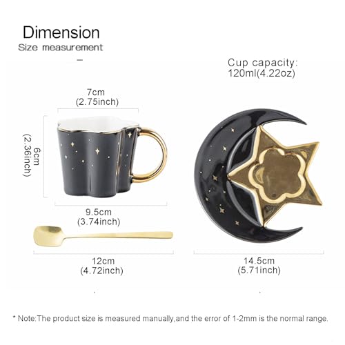 4.2 Ounce Irregular Ceramic Coffee Cup,Gold Plate Handle Mug,Moon and Star Shape Coffee Tea Cup and Saucer Sets with spoon,for Cappuccino,Tea,Cocoa,Cereal,Hot Chocolate (Black with Golden)