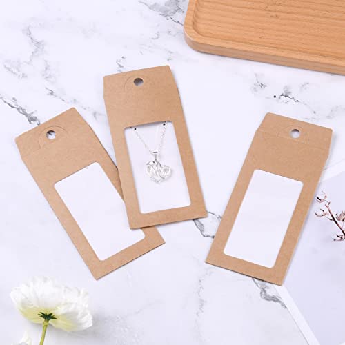 Stiesy 100 Pcs Kraft Paper Necklace Display Cards Cardboard Paper Jewelry Box Presentation Box with PVC Window for Jewelry Display BurlyWood-100pcs
