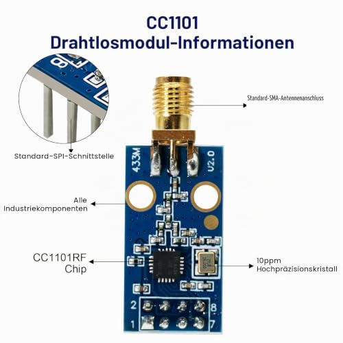 CC1101 Wireless Module with SMA Antenna Binghe CC1101 433M Transmitter Receiver Module with SMA and Antenna Rod DC 1.9-3.6V SPI Interface Compatible with Arduino