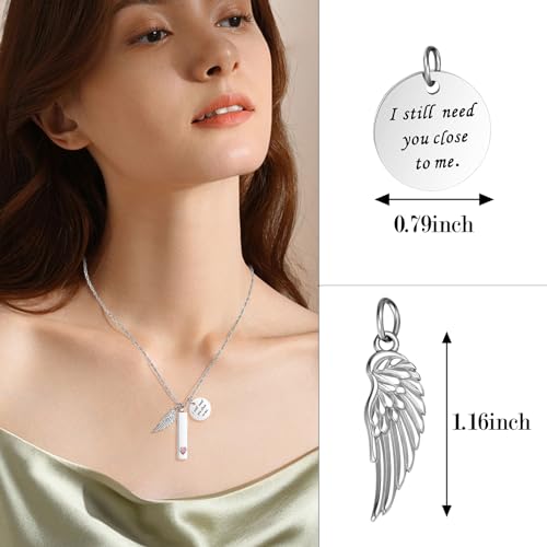 XIUDA Cremation Jewelry for Ashes with Angel Wing Charm Vertical Bar Urn Necklace Stainless Steel Memorial Keepsake Pendant for Women Silver