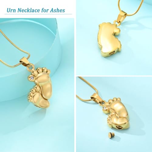 Footprint Urn Necklace for Ashes Cremation Jewelry for Women Men Stainless Steel Baby Foot Memorial Necklaces Keepsake Jewelry for Human Pet Ash Holder with Filler Tool Gold