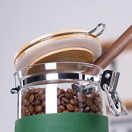 KKC Vacuum Sealed Coffee Bean Storage Container with Scoop,Airtight Glass Container Jar with Hinged Lid and Spoon for Ground Coffee,Loose Leaf Tea,Brown Sugar,Nut,Oatmeal,54 Fl oz 54 Floz + Scoop +Silicon sleeve