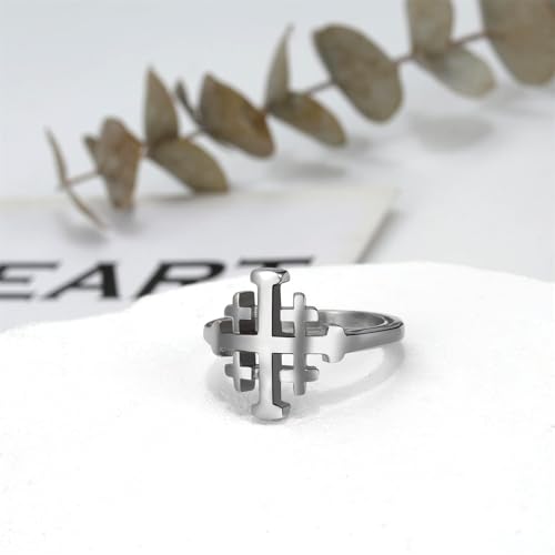 Flongo Men’s Jerusalem Cross Ring: Gold Christian Signet Ring Religious Jewellery Knights Templar Symbol Faith Strength Courage Gift for Men Church Baptism Easter Christmas Religious Style - Size 8 Silver&10