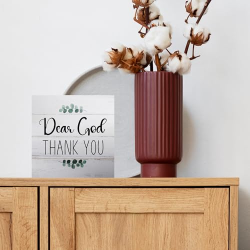 Religious Jesus Desk Decor for Living Room Shelf Table, Dear God Thank You, Wooden Sign 5x5 Inches Crimson