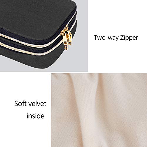 Teamoy black travel jewelry case with multiple compartments, designed for organizing necklaces, rings, and earrings on the go.