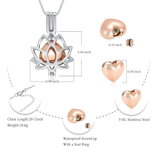 Oinsi Cremation Jewelry Lotus Shape Stainless Steel Memorial Necklace Inside Mini Heart Urn Holder Necklace For Ashes Silver With Rose Gold