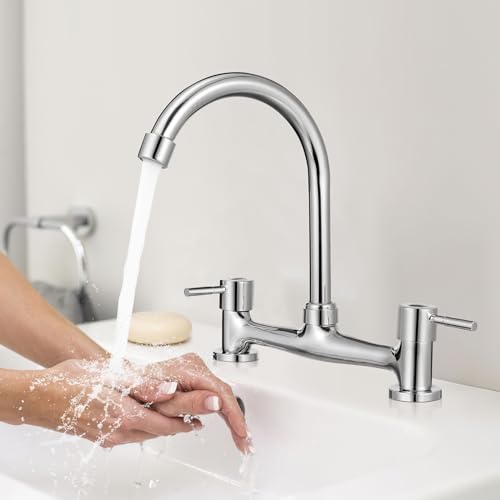 Housoutil Kitchen Tap 2 Hole Mixer Dual Handle Basin Faucet for Kitchen Sink and Bathroom Vanity Hot and Cold Water Control Rotating Spout 11.61 X 9.45 X 1.57 in