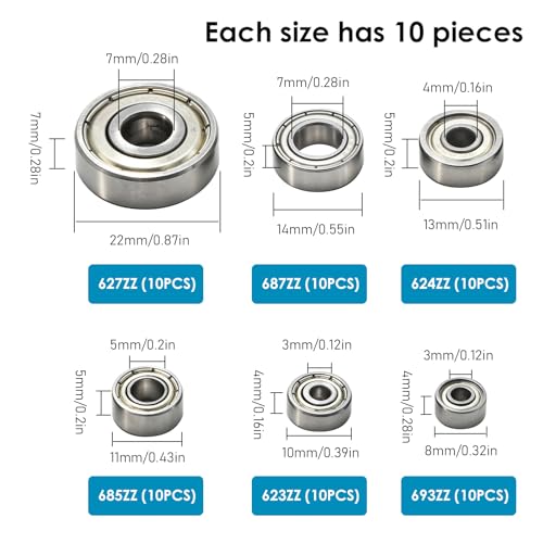 Hoypeyfiy 60Pcs 6 Sizes Carbon Steel Ball Bearings Assortment Kit, Double Shielded Deep Groove Bearings for Furniture Wheels, Skateboards, and Small Motors