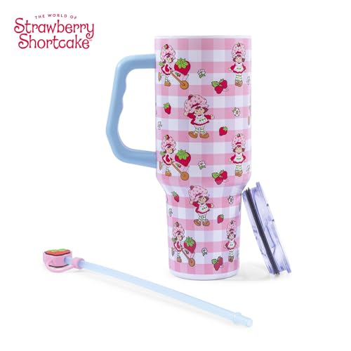 Silver Buffalo Strawberry Shortcake Pink Pattern Stainless Steel Travel Tumbler With Handle, Lid, and Reusable Straw | Holds 40 Ounces