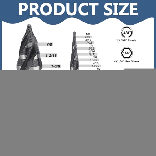 WHIMSTITCH 5-piece HSS step drill bit set for metal, covering 59 sizes from 1/8 to 1-3/8 inches
