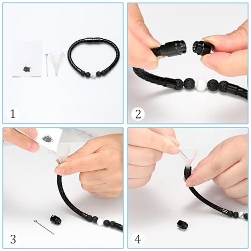 Lava Stone Urn Bracelet for Ashes Cremation Jewelry for Women Men Genuine Leather Memorial Rope Cuff Bangle Braided Bracelets Keepsake Jewelry for Loved Ones with Fill Tool 22cm 4 Lava Stone+1 White Howlite