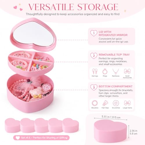 Cabilock 5PCS Heart Shape Double Layer Jewelry Box with Mirror, Portable Jewelry Organizer Case for Earrings Rings Necklaces, Pink