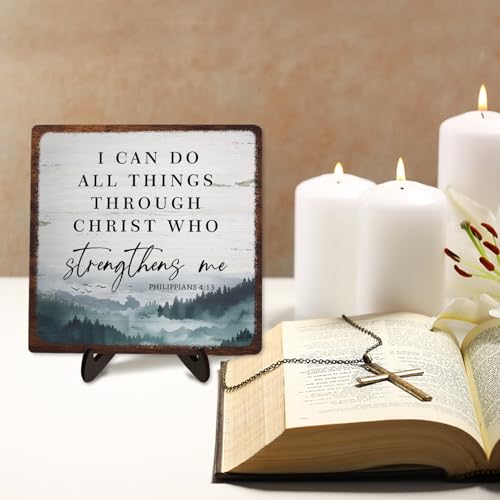 Bible Verse Sign,Christian Wooden Sign Desk Decor,Positive Home Decor Plaque,Motivational Scripture Gift, I Can Do All Things Through Christ Who Streng Thens Me 5.9x5.9inch(PHILIPPIANS 4:13) PHILIPPIANS 4:13 5.9 x 5.9 inches