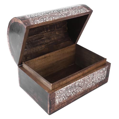 Ajuny Wooden Keepsake Jewelry Box Floral Pattern Storage Chest 9x6 Inch White Flower