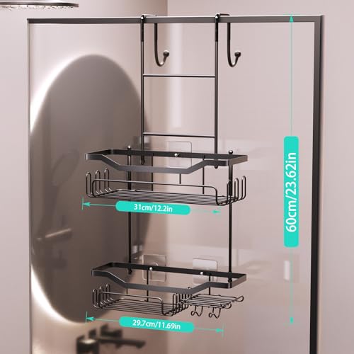 HapiRm Hanging Shower Caddy Over the Door with Soap Holder, No Drilling Adhesive Shower Organizer with 11 Hooks, Rustproof & Waterproof 304 Stainless Steel Bathroom Shelves - Black A-Black 2-tier