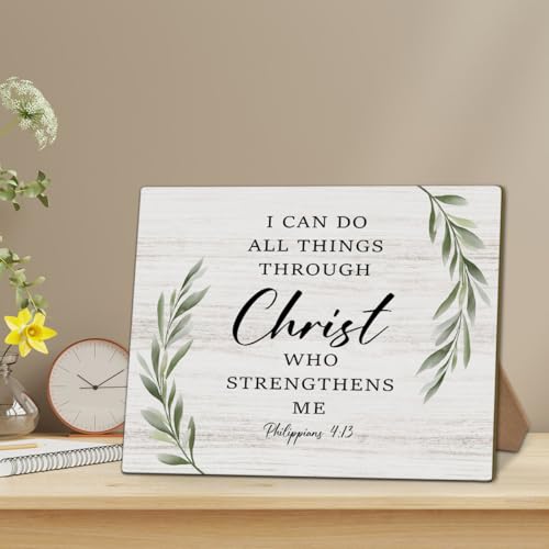 Bible Verse Philippians 4:13 - I Can Do All Things Through Christ Who Strengthens Me Sign, Home Bedroom Office Desk Decorations Jesus Decor, 8x11 Inch Greenery Wooden Sign with Stand-24