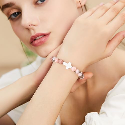 VIBILIA Cross Beaded Bracelets for Women, Birthday Gifts B 1. Cross - Pink Zebra