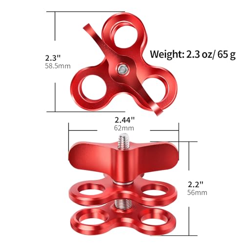 3-Hole 1" Aluminum Underwater Camera Clamp Ball Mount (2-Pack) - Underwater Bracket for Diving Light Arms & Camera Trays, Saltwater-Resistant Adapter for Scuba Photography/Videography Gear Triple Holes Red