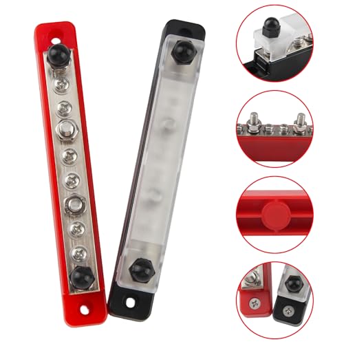 Busbar 12V-48V DC Clamp Rail (Red and Black) Pack of 2 | Distributor Block Terminal Block 150A with Cover 6 x M4 & 4 x M6 Terminal Bolts for Car Truck Yacht Boat