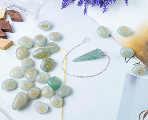 Crocon Green Jade Rune Set 25 Pcs with Elder Futhark Alphabets 1 Pendulum #009 Green Jade Rune + Pendulum