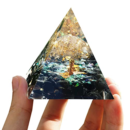 Tree of Life Orgonite Pyramid Kit White Quartz with Obsidian Stone Positive Reiki Energy Generator Crystal Healing Orgone Collection Wealth Lucky Meditation Tool Clear-black