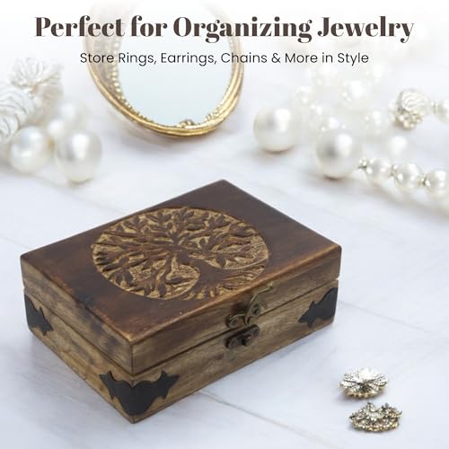 Handmade Wooden Jewelry Box with Tree of Life Engraving – Antique Handcarved Keepsake Organizer for Women & Men | Solid Wood Storage Box for Jewelry, Trinkets, Gifts & Home Décor 7" x 5" x 2.5" Tree - 2