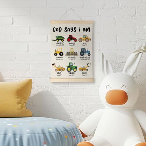 Nrleey Construction Bible Verses Wall Decor with Wooden Poster Hanger - Construction Room Decor for Boys, God Says I Am Christian Wall Art Posters for Little Boys Room Playroom Nursery, 12x16 Inch 16"L x 12"W Christian Coquette- 13