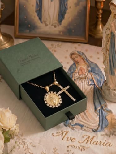 14K Gold Plated Virgin Mary Necklace for Women, S925 Sterling Silver Miraculous Medal Necklace for Mom, Cross Pendant, Baptism Jewelry Gift for Her Gold 8