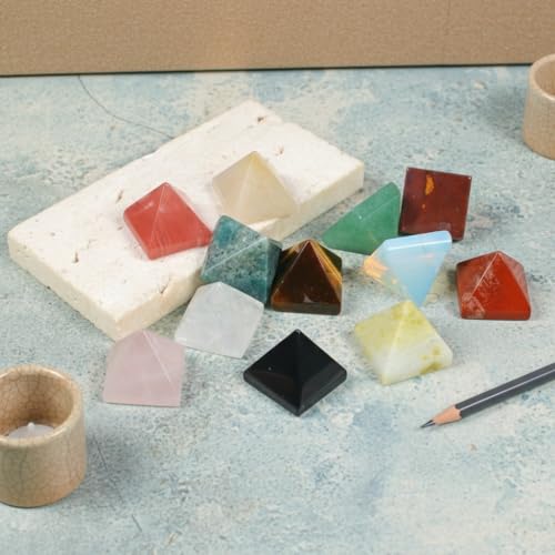 12 PCS Natural Chakra Crystal Pyramid Set – Opalite/Rose Quartz/Topaz/Obsidian Healing Crystals, Small Pyramids for Meditation, Energy Balancing, Reiki, Home Decoration
