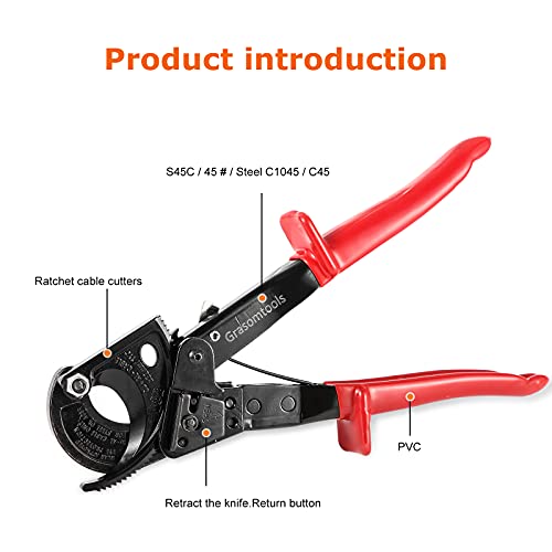 Ratchet Cable Cutter, Ratchet Cutter and Wire Cable Cutter, Cuts up to 240mm², HS325A Heavy Duty Aluminum and Copper Ratchet Cable Cutter