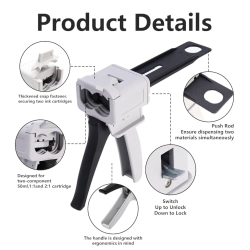 GGFOXLEW 50ml adhesive dispensing gun with dual cartridge mixer, metal valve, and 1:1/2:1 ratio selector