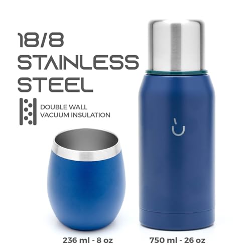 BALIBETOV Yerba Mate Kit - Includes 1 Mate Cup, 1 Straw, and 1 Thermal Flask with 2 Stoppers - The Stainless Steel Yerba Mate Gourd, Includes Lid (Blue) Blue
