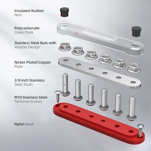 JoinfWorld Busbar 12v-48V,300A Power Distribution Block (BB300-T6M10) | Busbar busbar, 6 x M10 (3/8 inch) connection bolts, up to 48 V DC/300 V AC, with cover, for car, boat, solar system BB300-T6M10