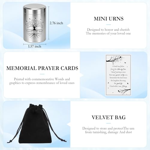 8 Sets 2.76'' Small Urns for Human Ashes Silver Black Aluminum Cremation Keepsake Funeral Urn with Memorial Cards and Velvet Bag Sets Sharing for Family Pet Ash (Tree of Life)