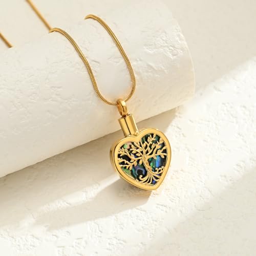 Tree of Life Heart Urn Necklace for Ashes for Human Pet Stainless Steel Cremation Jewelry Keepsake Memorial Jewelry for Loved One Gold