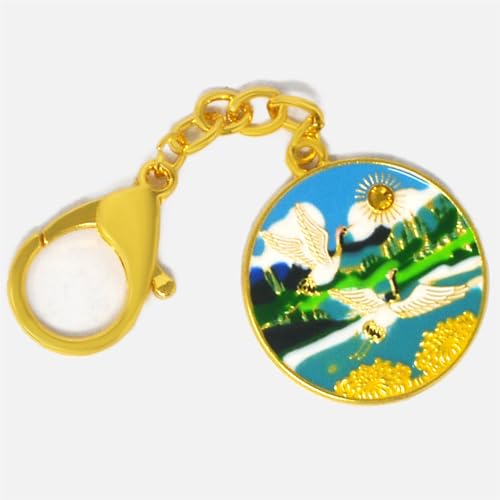 Fengshuibringluck Feng Shui Double Cranes Aspiration ＆ Longevity Amulet Keychain Round Key Ring, Small, Green