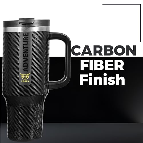 IROCA Adventure 40oz Tumbler with Handle & Straw – Leakproof, Hot 08h / Cold 60h, Food-Grade Stainless Steel, Black Carbon Fiber Finish.