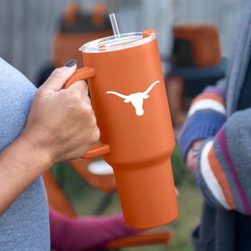 Logo Brands NCAA 40 oz Tumbler with Handle -Stainless Steel Insulated Travel Tumbler with Straw Lid – Powder Coated, Leak-Resistant, Keeps Drinks Hot/Cold – Great for Tailgating, or Everyday Use Texas Longhorns