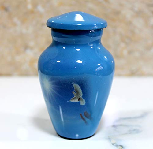Esplanade Metal Mini Cremation Urn Keepsake Memorial Jar Pot Container |Small Urn for Funeral Ashes Burial | White Pigeon Printed Keepsake | Blue - 3" Inches